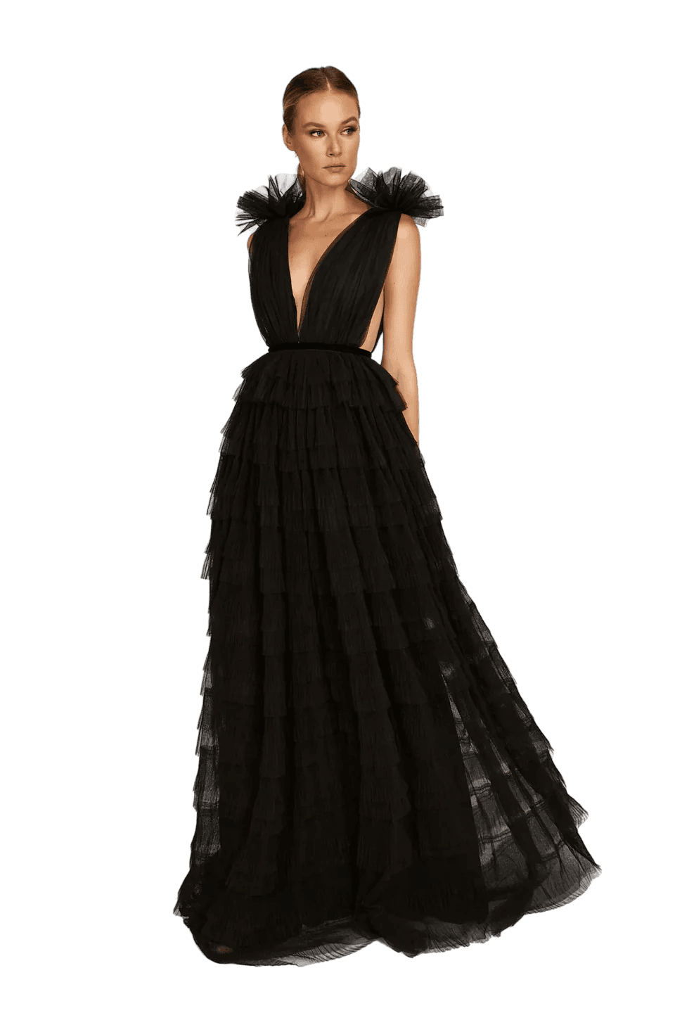 Black floor-length tulle dress with ruffled shoulders