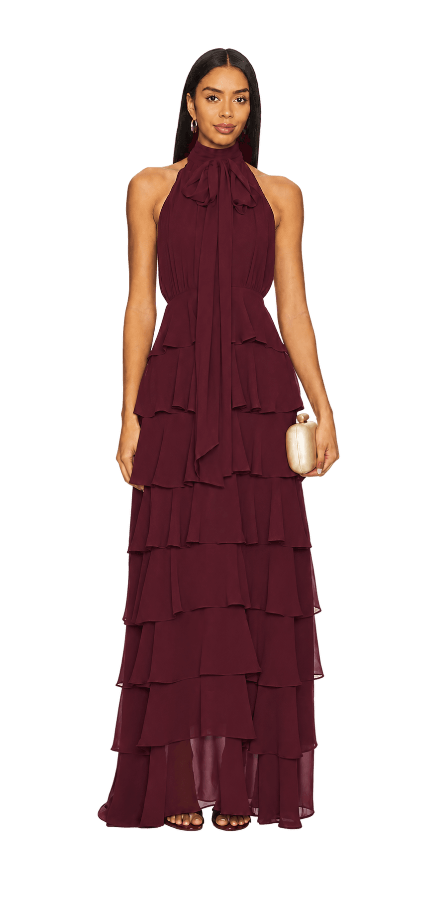 Burgundy floor-length halter dress with tiered ruffles
